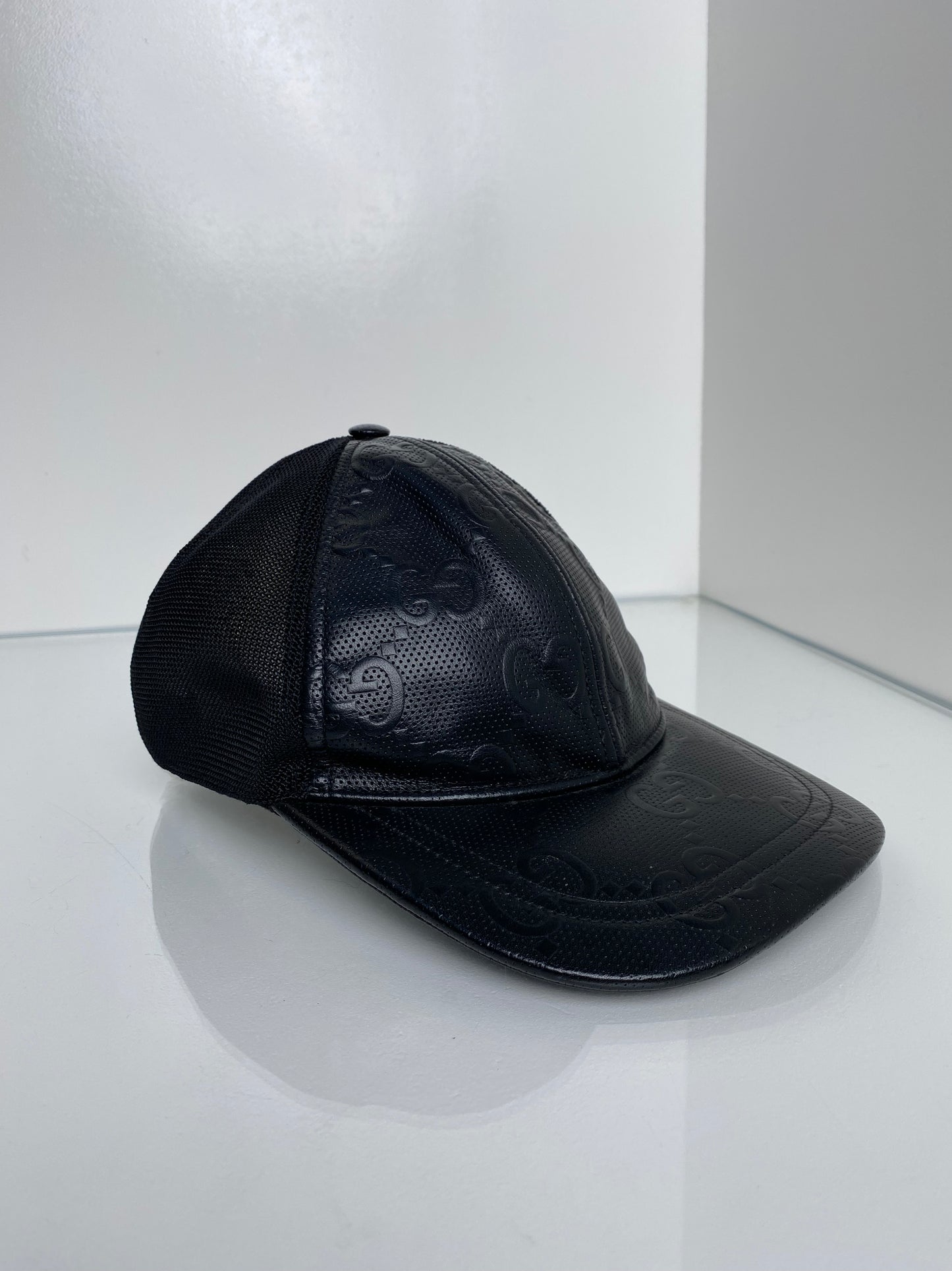 Gucci Black Leather GG Baseball Hat, M