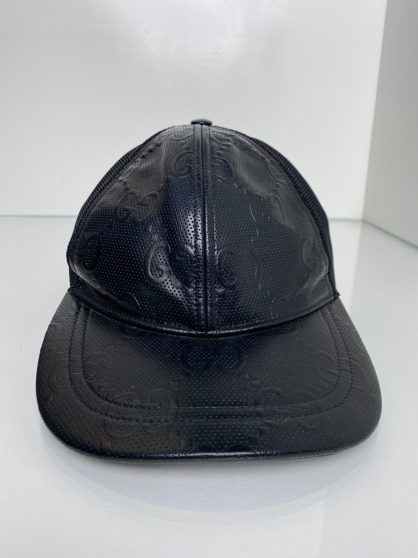 Gucci Black Leather GG Baseball Hat, M