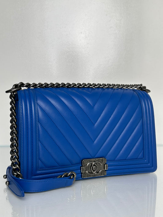 Chanel Cobalt Blue Chevron Lambskin Medium Boy Bag RHW