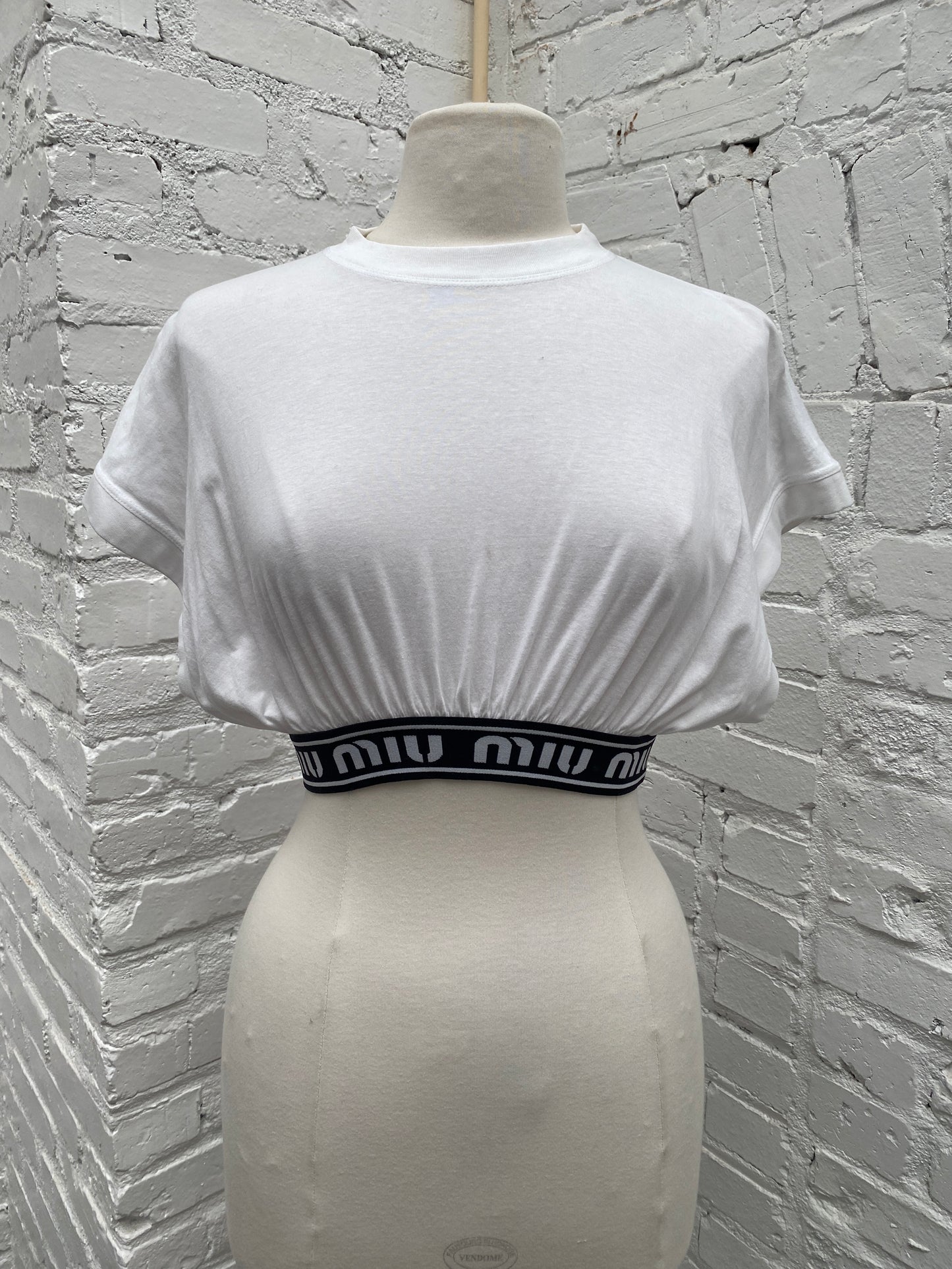 Miu Miu White & Black Ruched Logo Band Crop Top, M