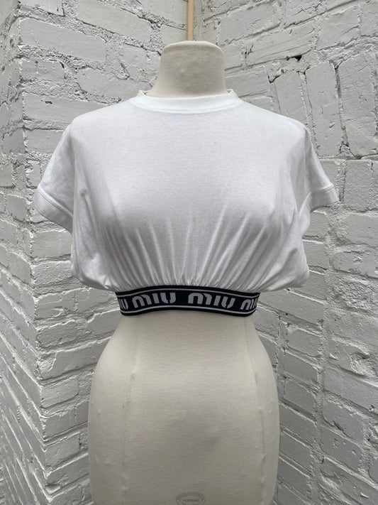 Miu Miu White & Black Ruched Logo Band Crop Top, M