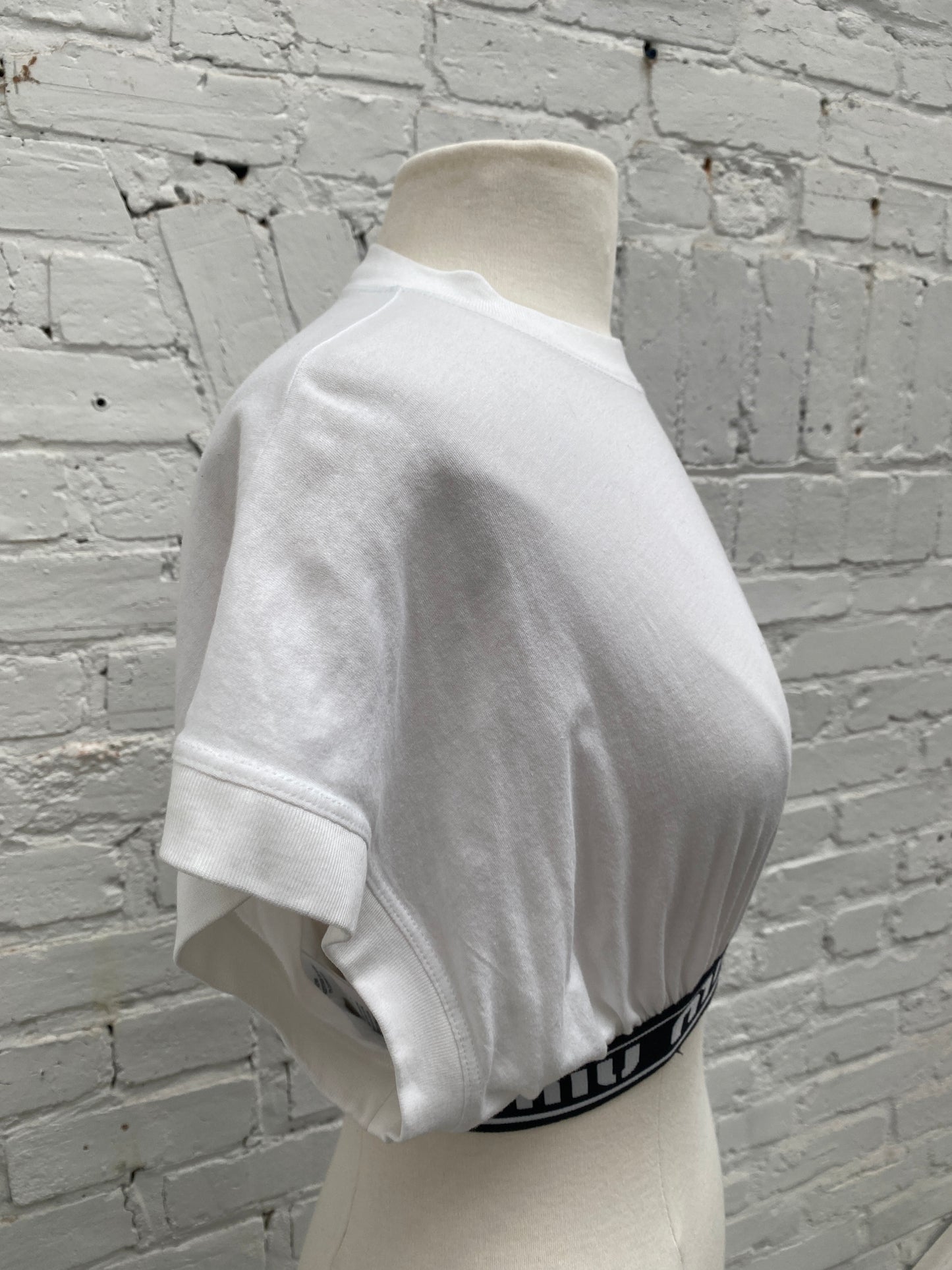 Miu Miu White & Black Ruched Logo Band Crop Top, M