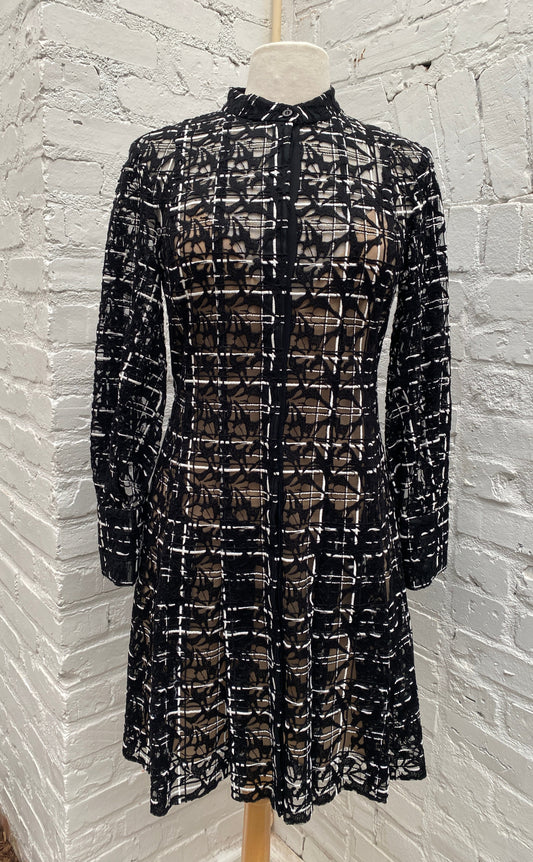 Oscar de la Renta Black/White Embroidered Mesh Dress, 6