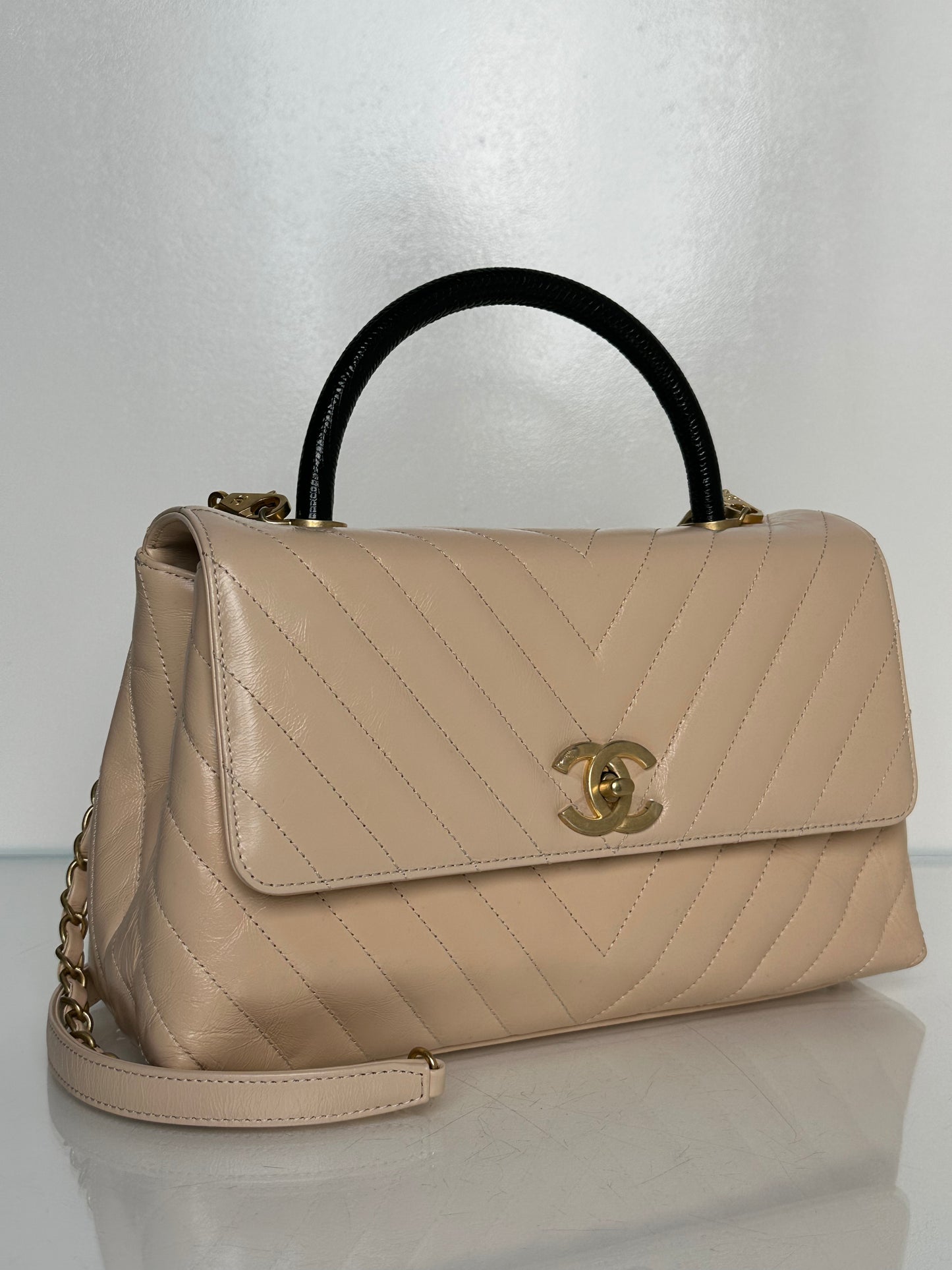 Chanel Beige & Black Chevron Lizard Coco Tophandle Bag GHW #25