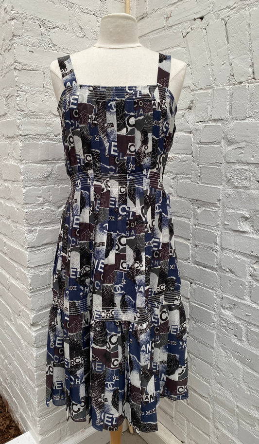 Chanel Blue, Black, & Multicolor Silk Pleated Coco Mark Camelia Dress, 40