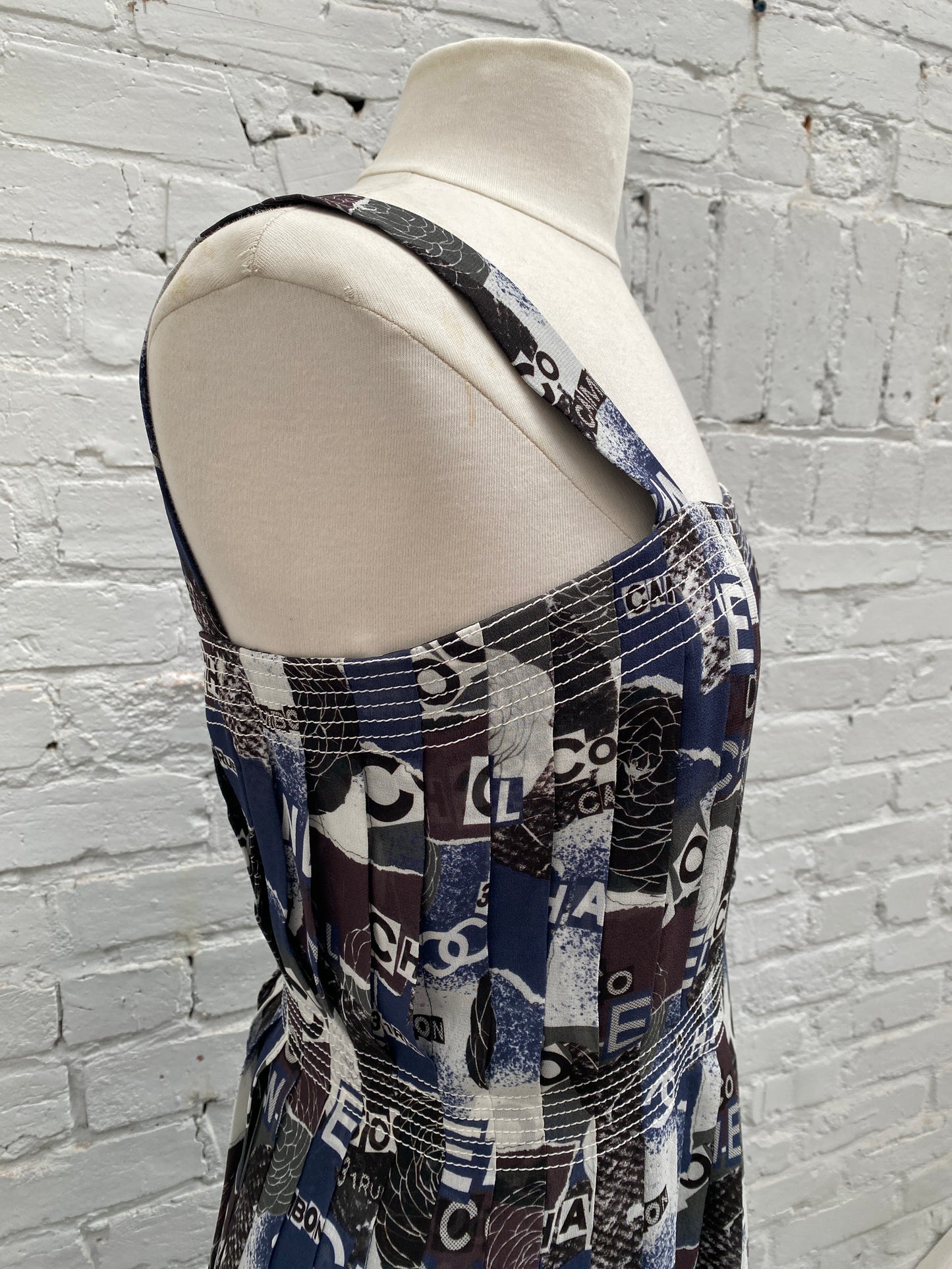 Chanel Blue, Black, & Multicolor Silk Pleated Coco Mark Camelia Dress, 40