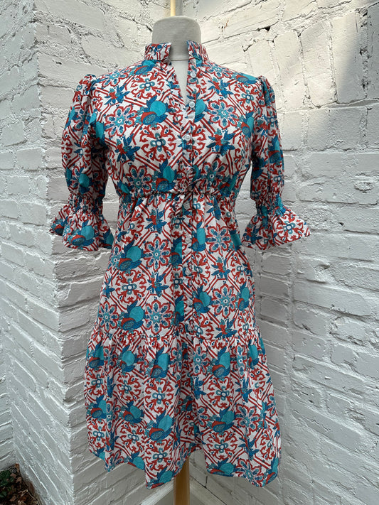 Victoria Dunn Blue, White & Red Floral Dress, XS