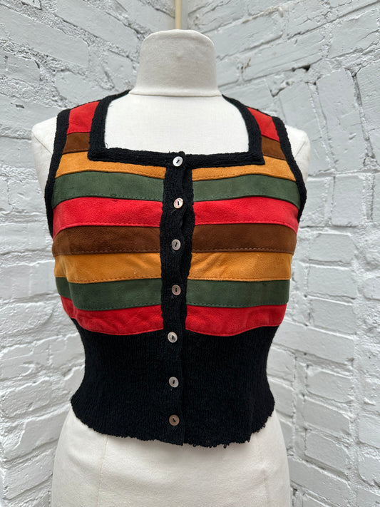 Aristokat 1970’s Brown, Yellow, Green & Red Suede Vest, 10