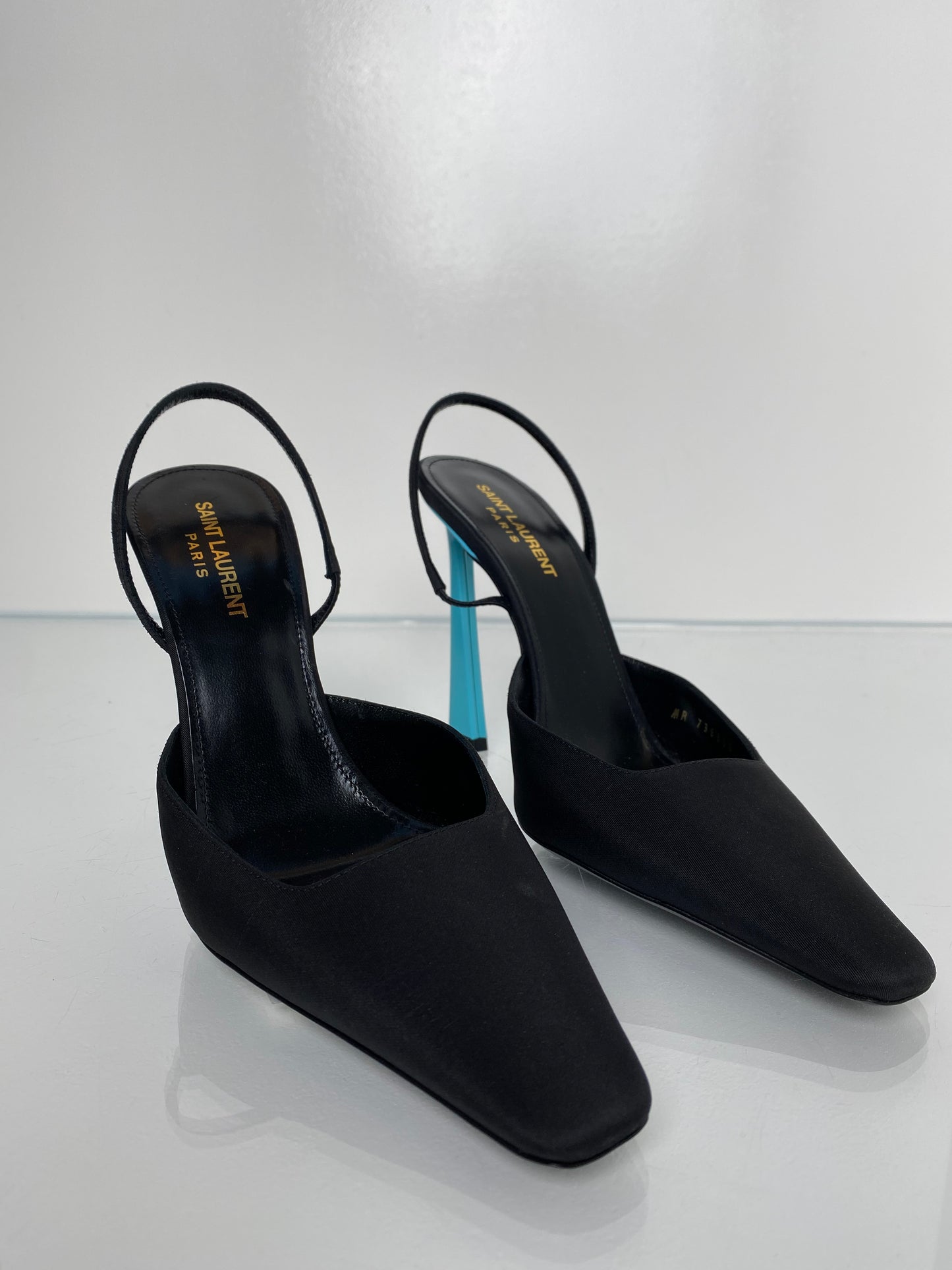 Saint Laurent Black Satin & Blue Slingback Heels, 39