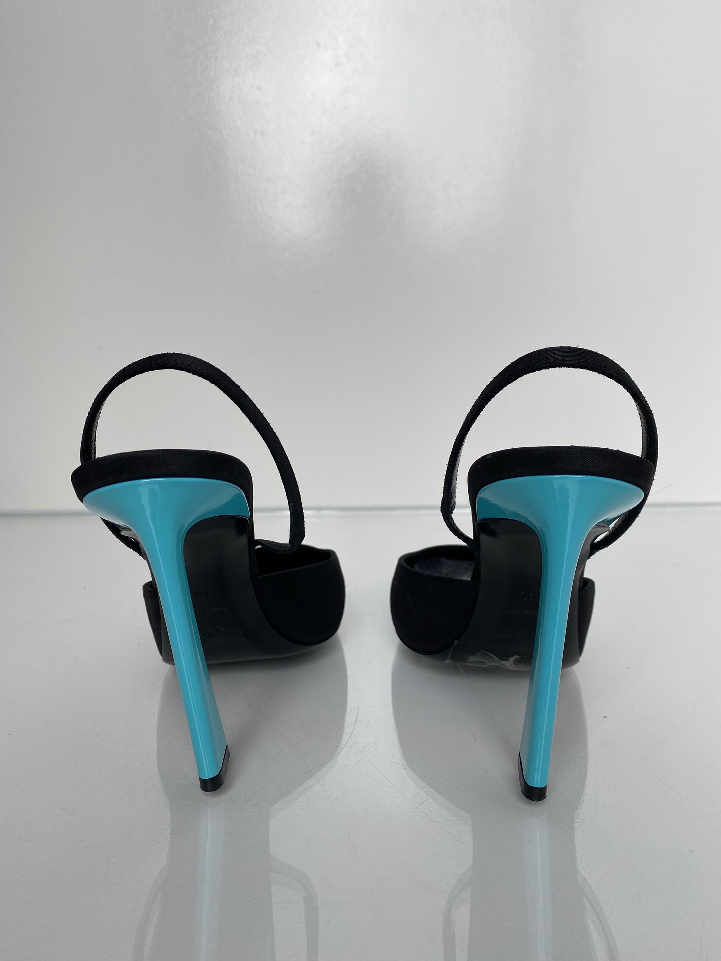 Saint Laurent Black Satin & Blue Slingback Heels, 39
