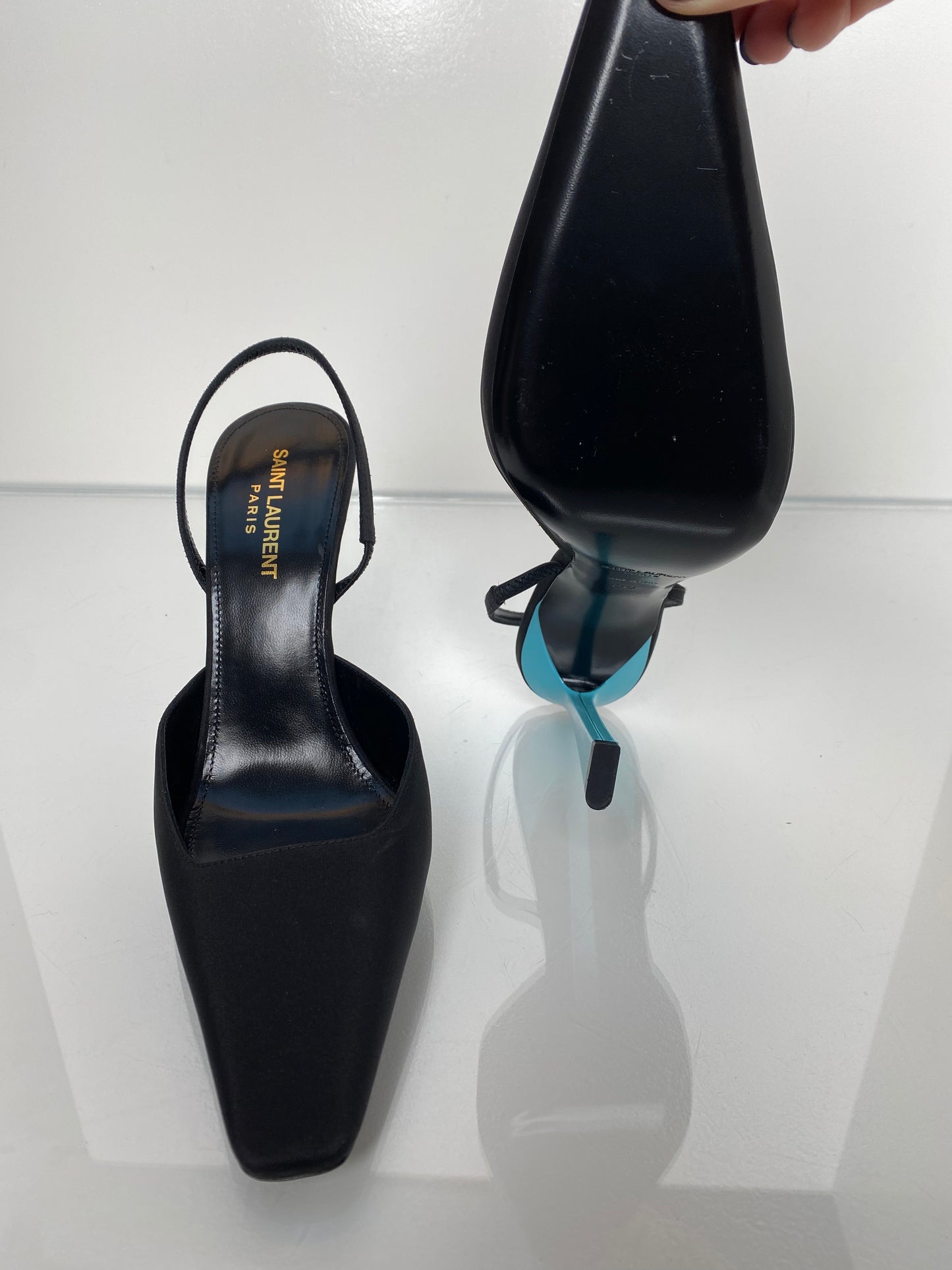 Saint Laurent Black Satin & Blue Slingback Heels, 39