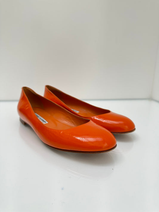 Manolo Blahnik Orange Patent Leather Flats, Sz 39