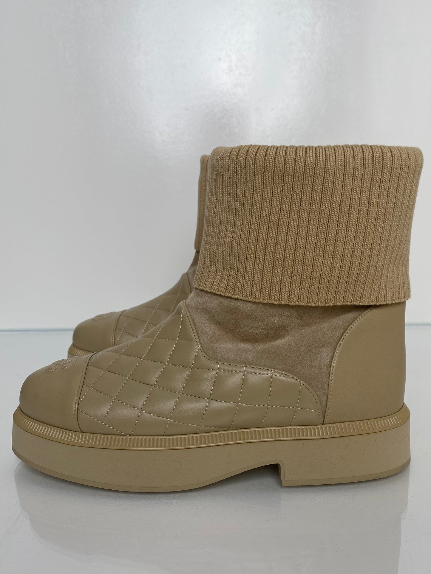 Chanel Beige Knit Quilted Lambskin & Suede Boots, 8