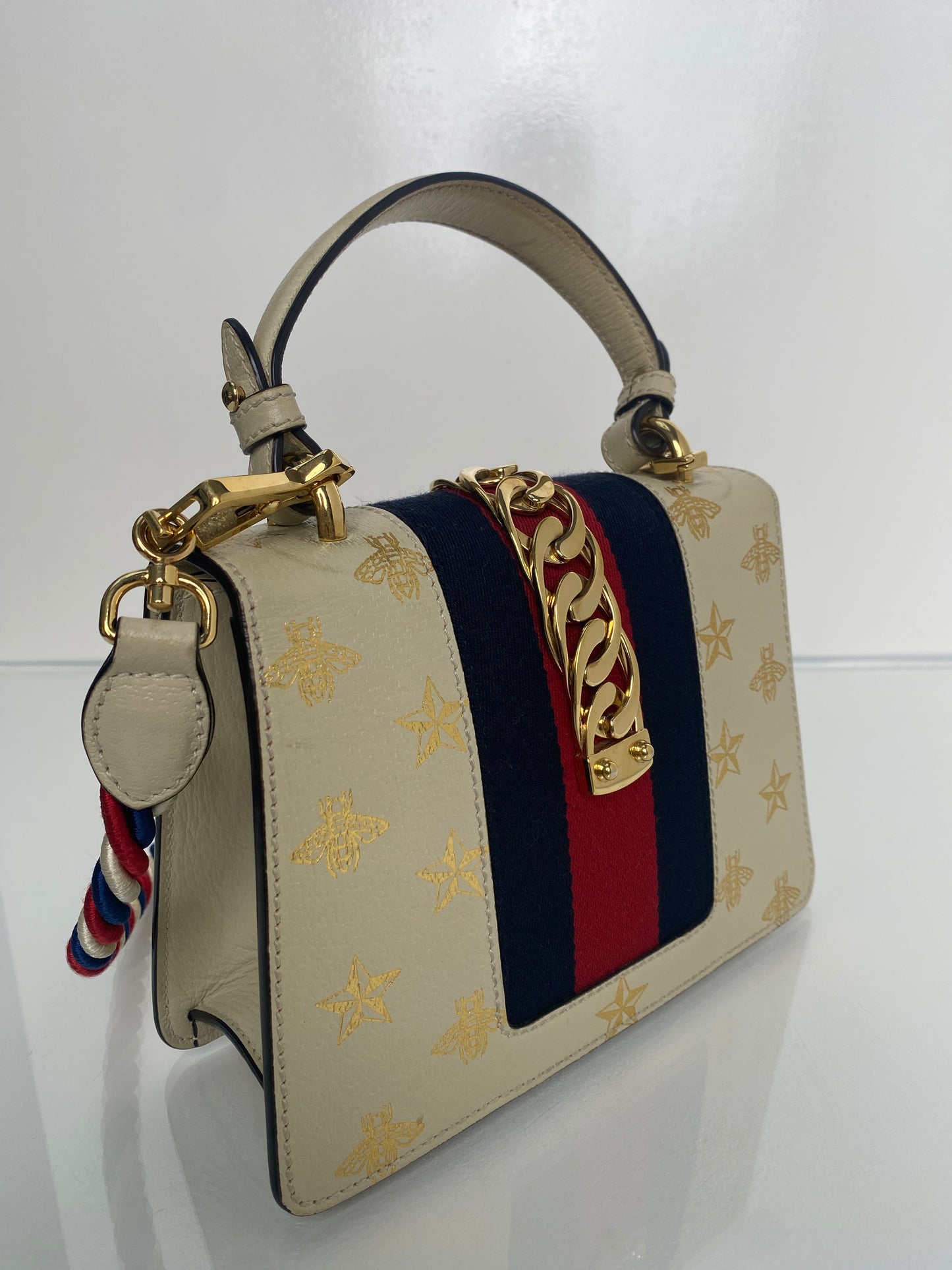 Gucci Cream & Webstripe Bee & Star Sylvie Top Handle Bag GHW