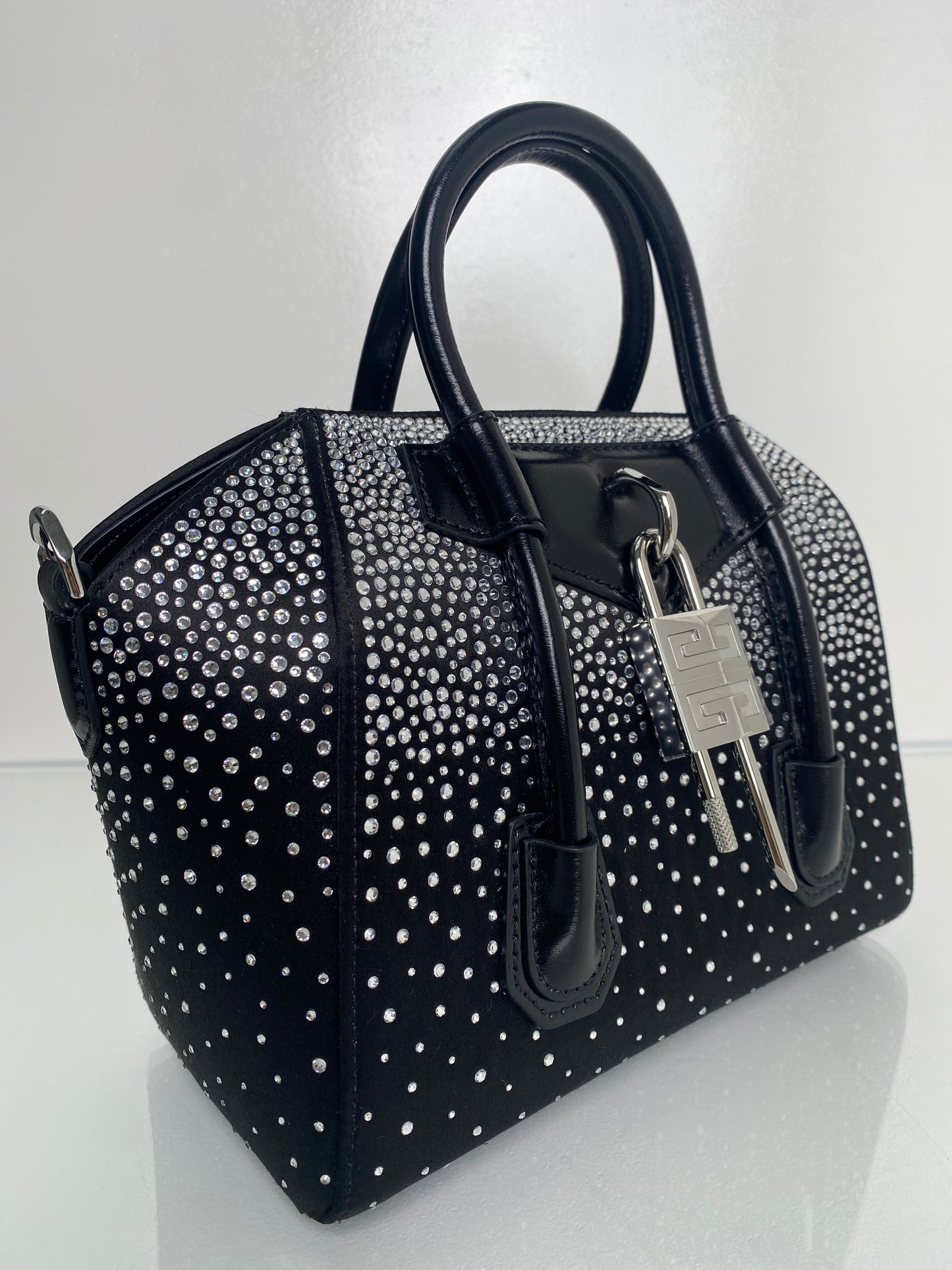 Givenchy Mini Antigona Lock Black Satin and Strass Crossbody Bag