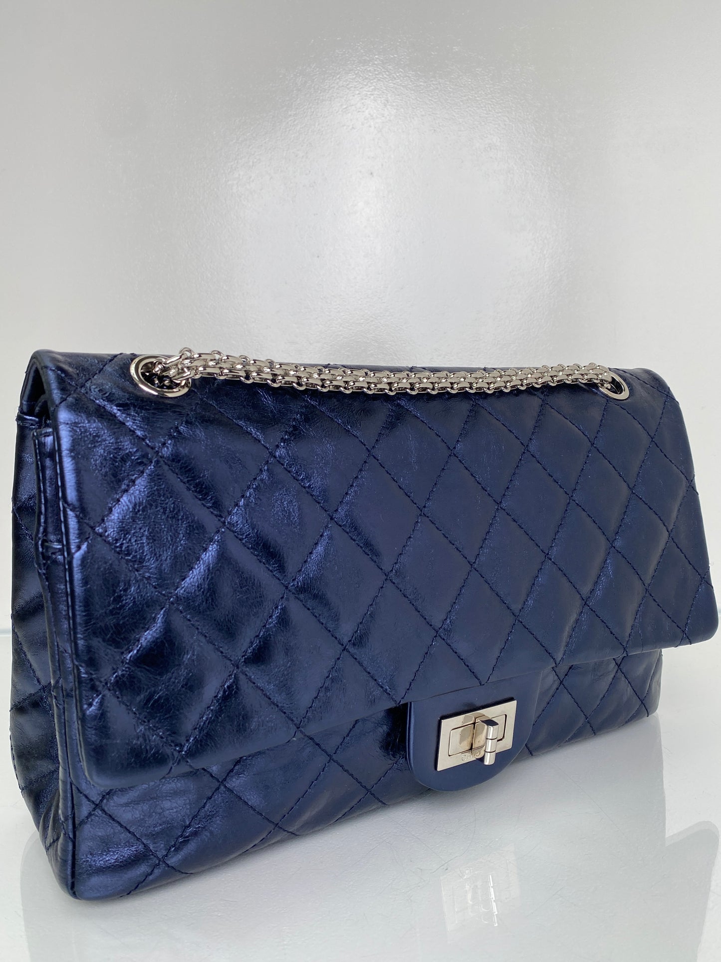 Chanel Re-Issue Navy Iridescent Crinkled Calf SHW