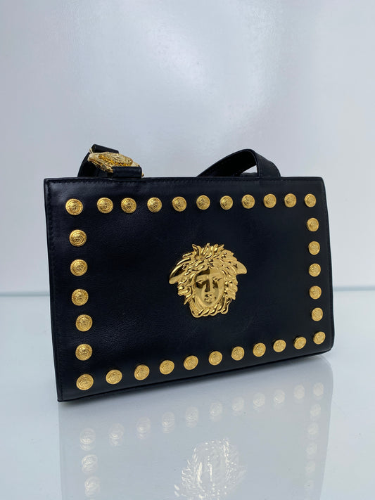 Versace Vintage Black Leather & Gold Studded Medusa Shoulder Bag