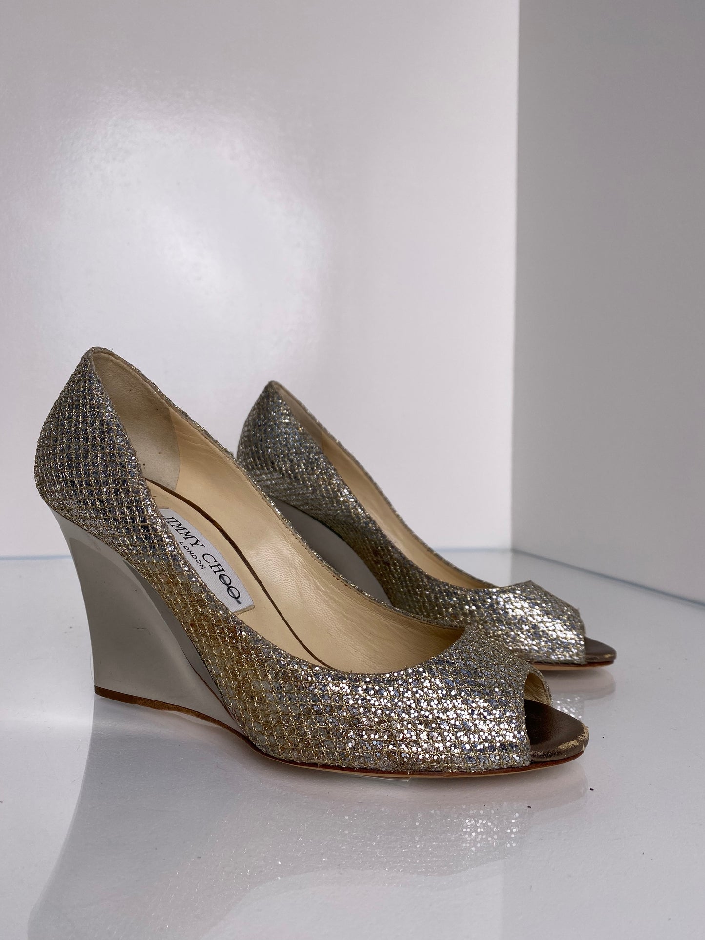 Jimmy Choo Gold & Silver Sequin Wedges, 37