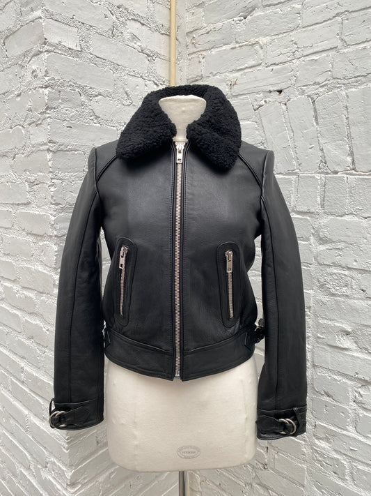 Maje Black Leather Aviator Jacket, 36