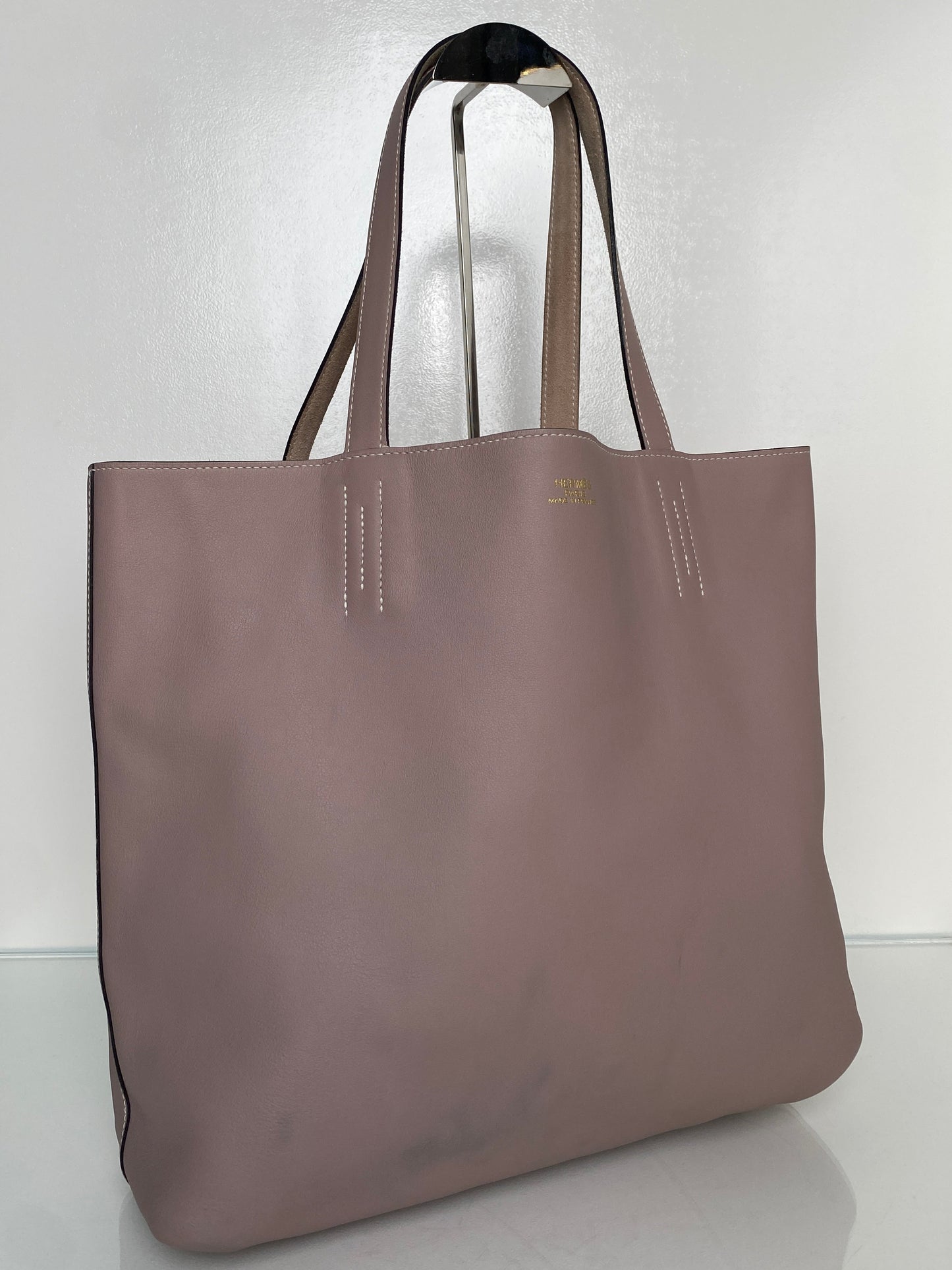Hermes Double Sens 45 Reversible Suede Taupe Tote