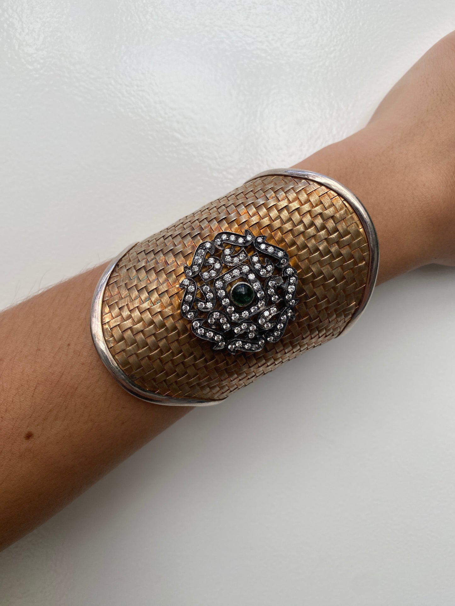 Woven Gold Cuff with White & Green Sapphires