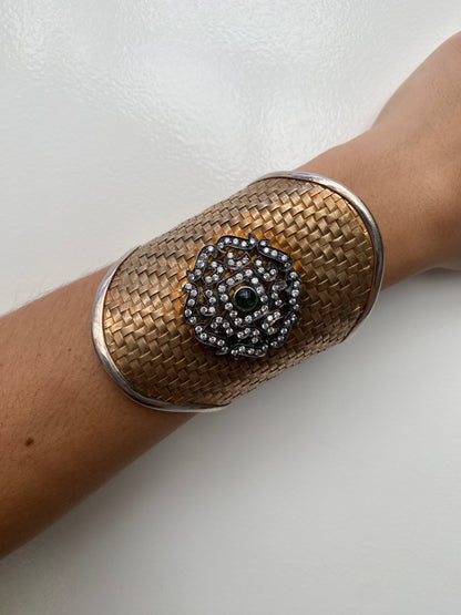 Woven Gold Cuff with White & Green Sapphires