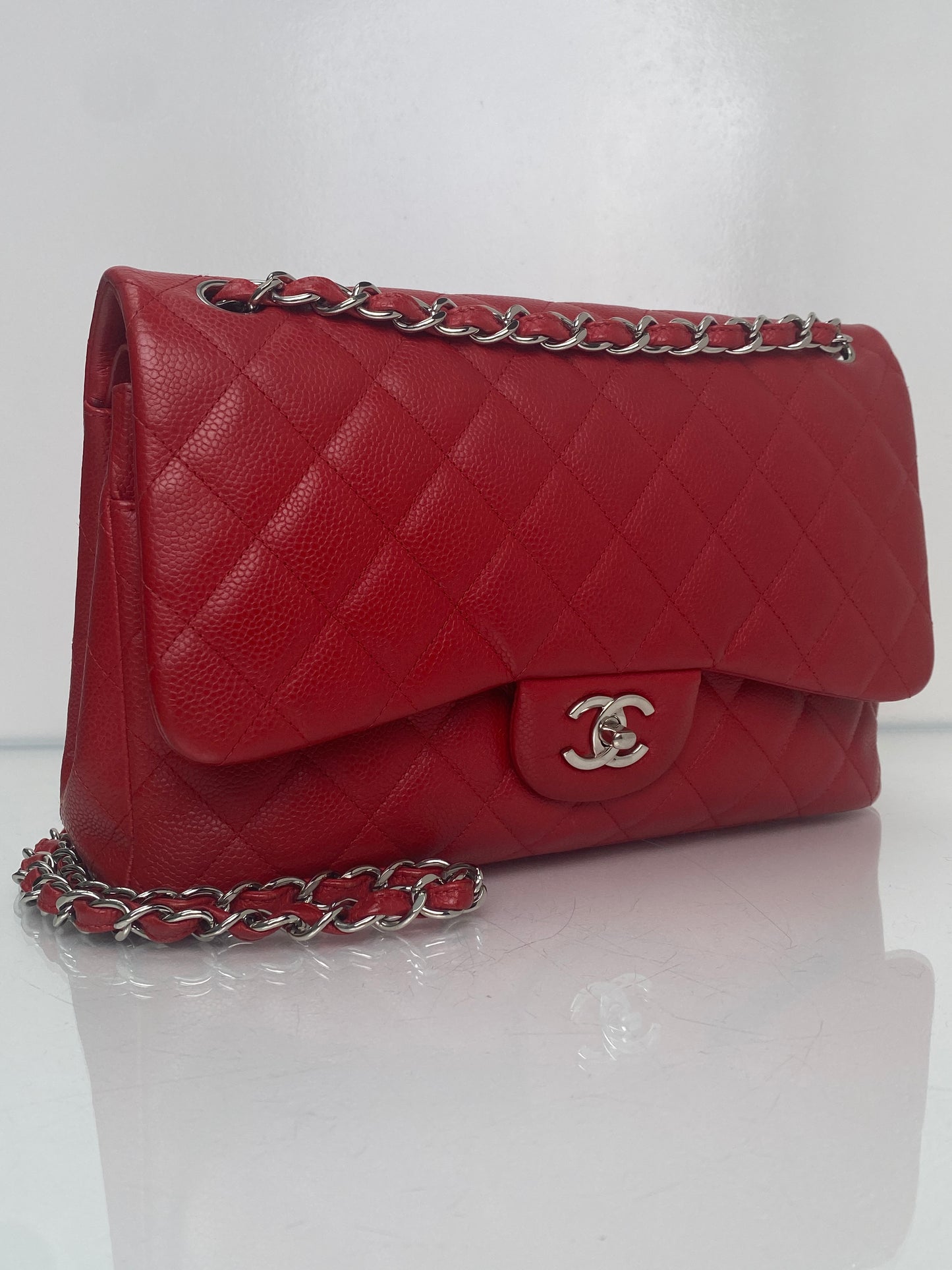 Chanel Red Caviar Quilted Jumbo Double Flap Bag SHW #19