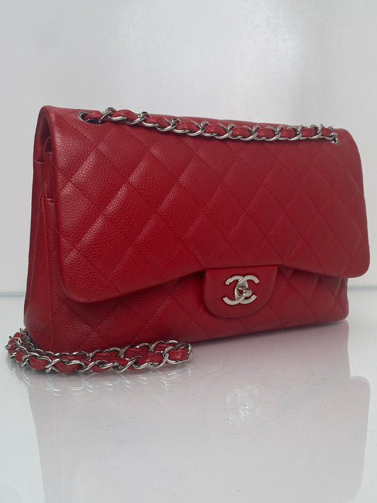 Chanel Red Caviar Quilted Jumbo Double Flap Bag SHW #19