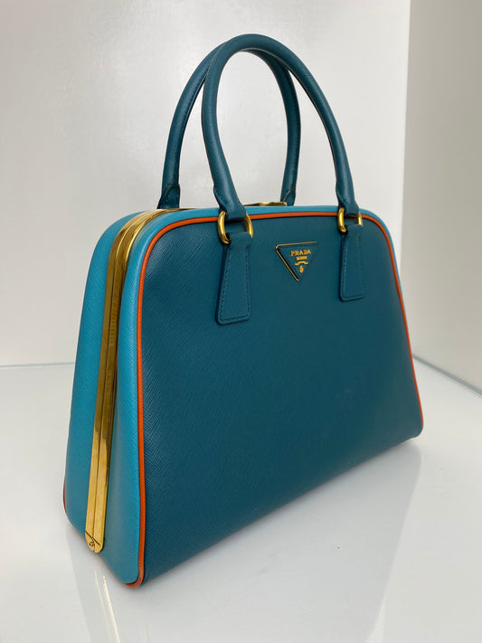 Prada Saffiano Pyramid Leather Teal & Dark Blue Bag GHW