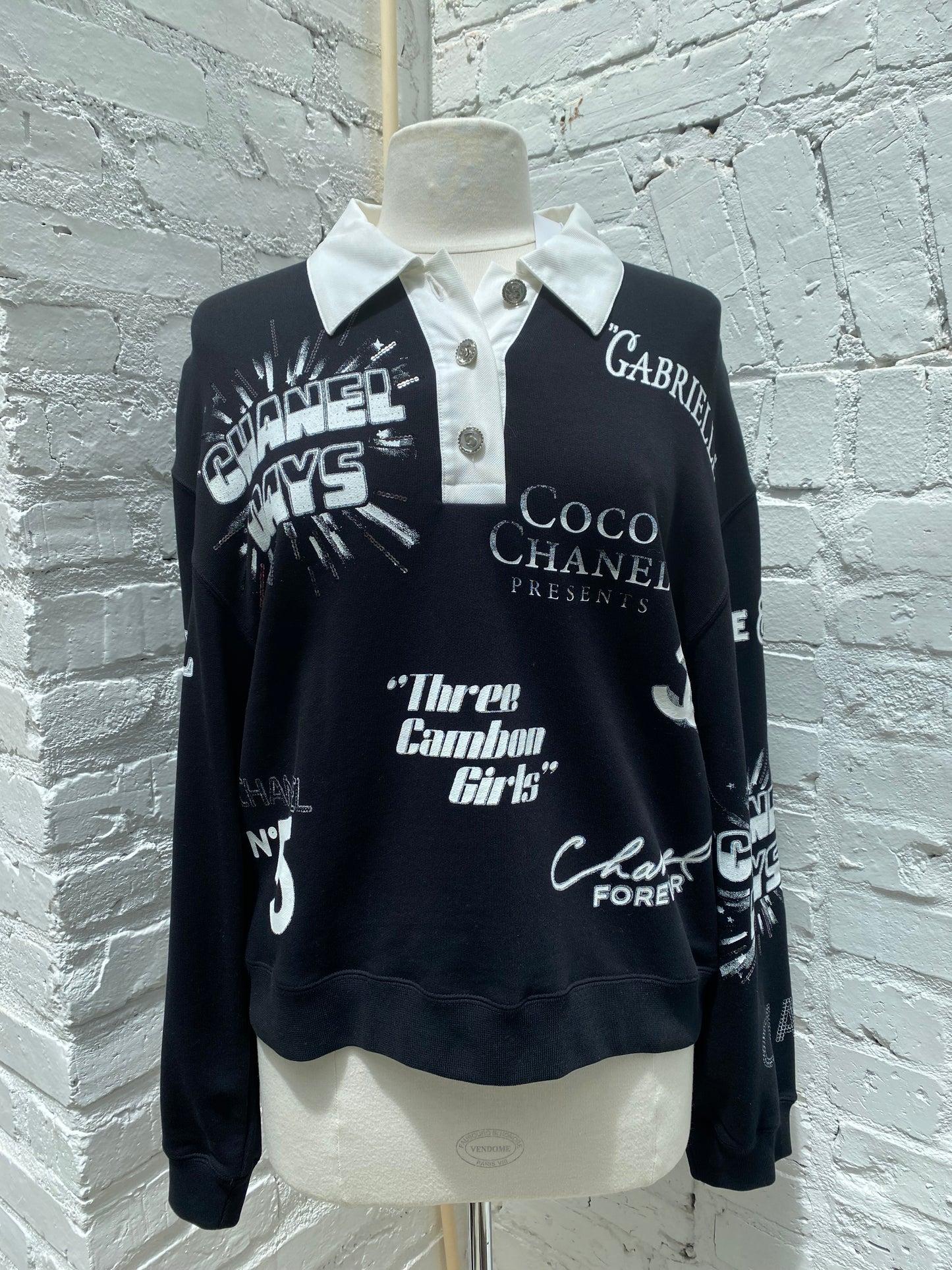 Chanel Black CC Graphic Print Polo Sweatshirt, L