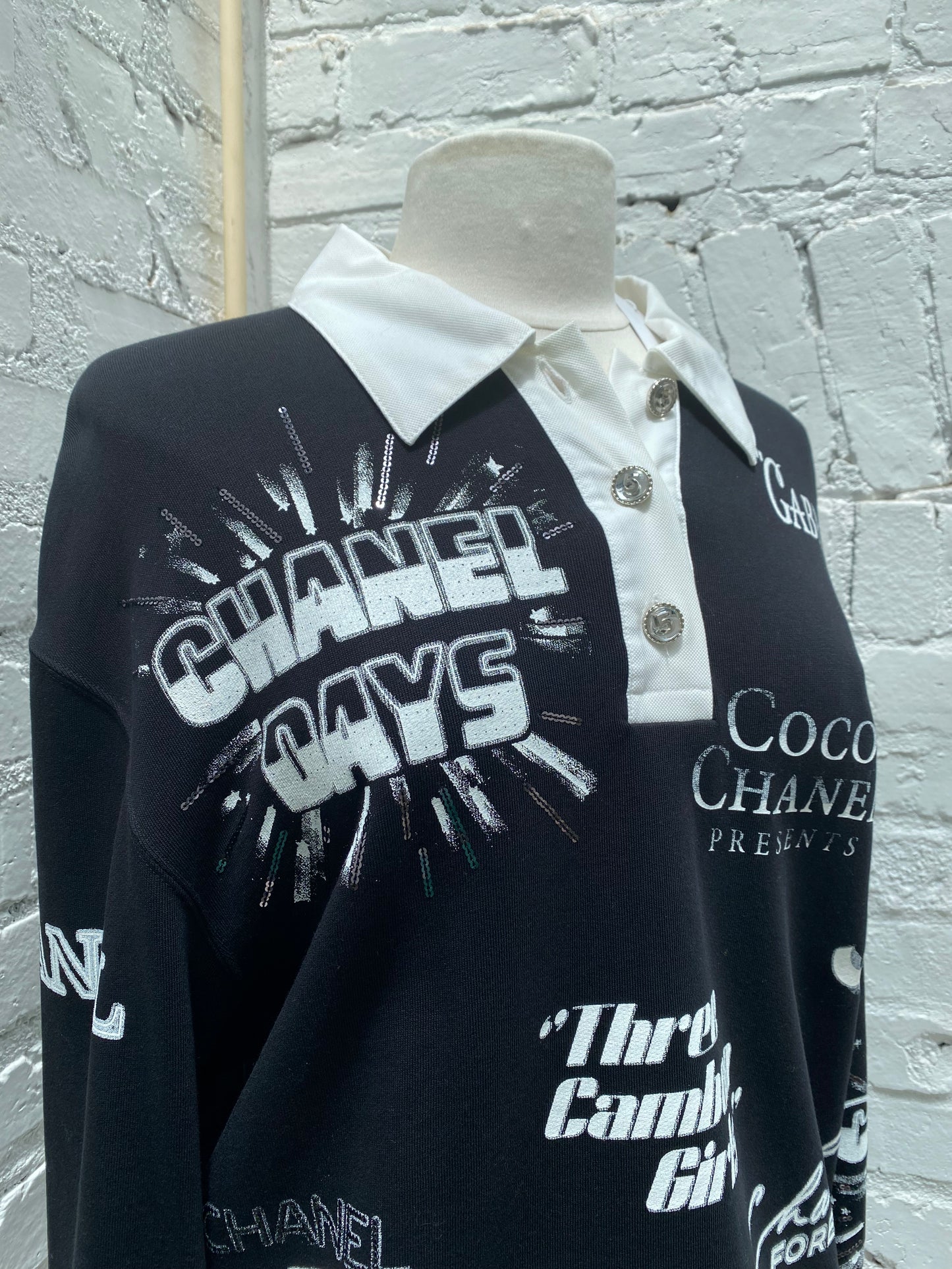 Chanel Black CC Graphic Print Polo Sweatshirt, L
