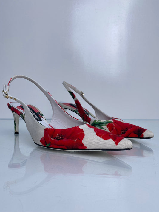 Dolce & Gabbana White, Green, & Red Floral Sling Kitten Heels, 39