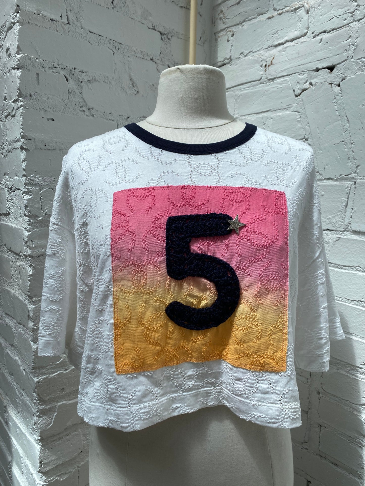 Chanel White, Black, Pink, & Orange Gradient “5” Eyelet T Shirt, 38/40