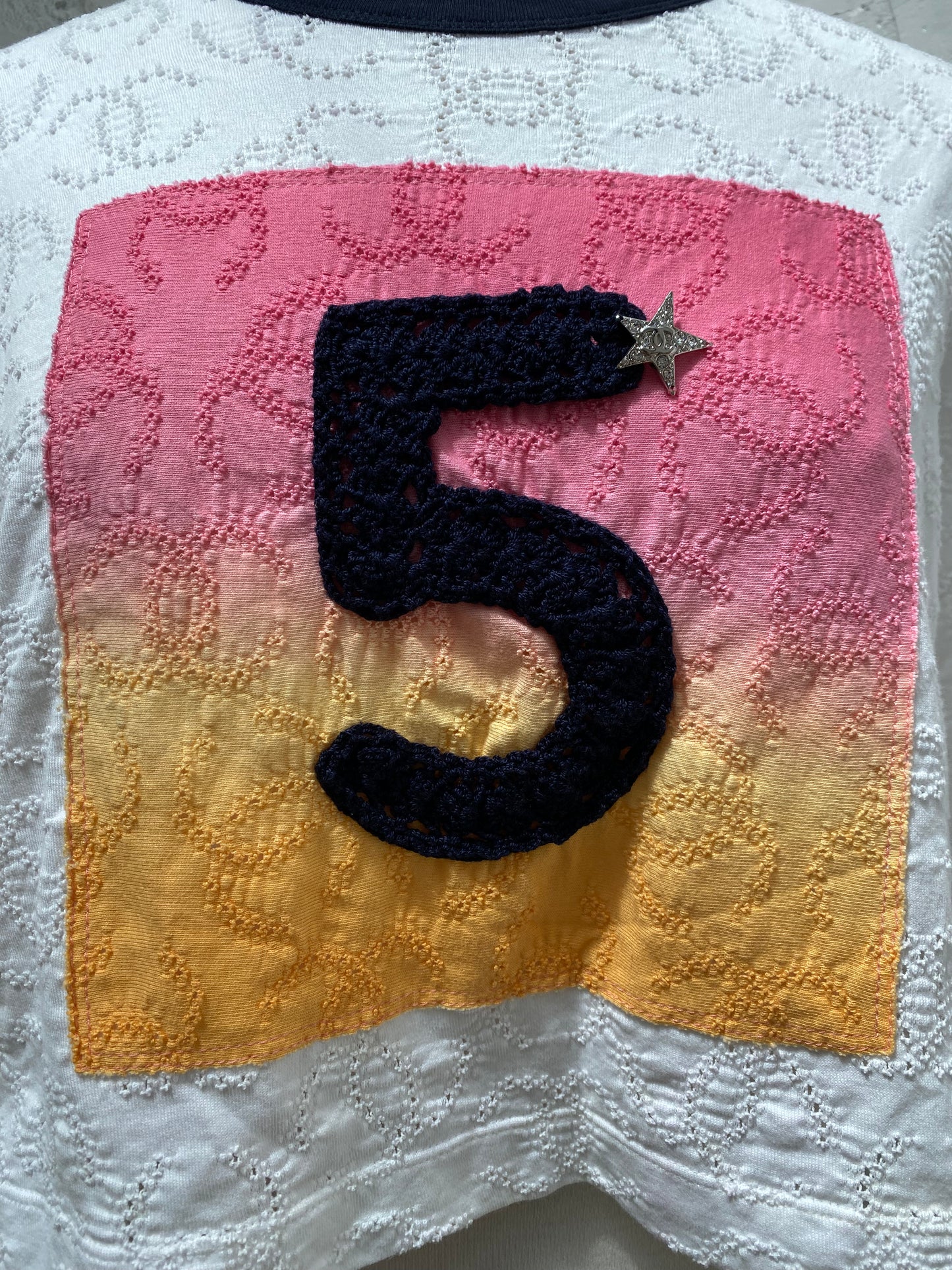 Chanel White, Black, Pink, & Orange Gradient “5” Eyelet T Shirt, 38/40