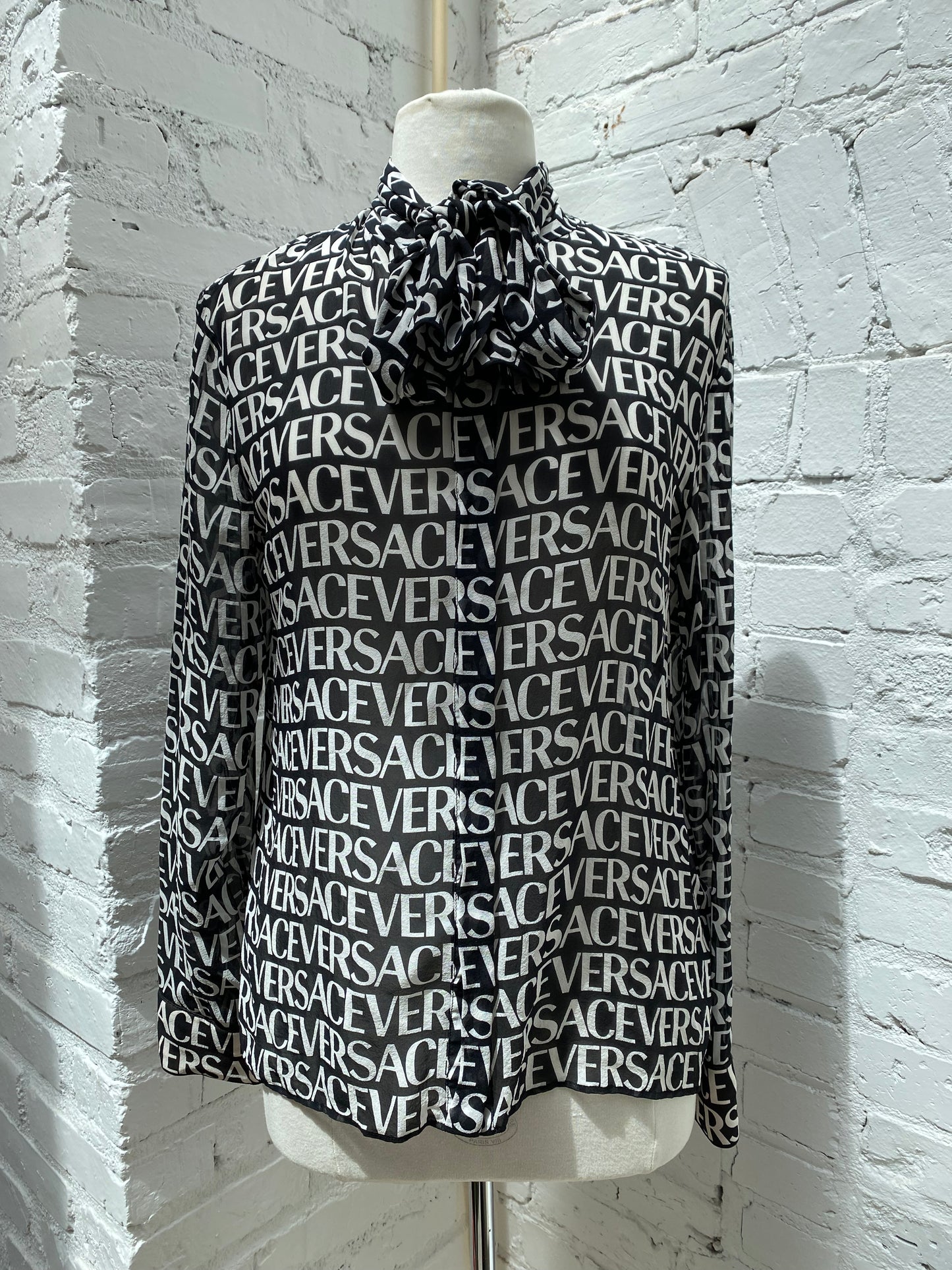 Versace Black & White Logo Sheer Long Sleeve Blouse, 46