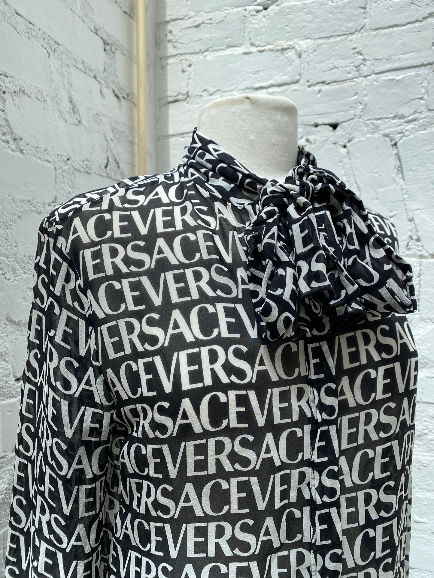Versace Black & White Logo Sheer Long Sleeve Blouse, 46
