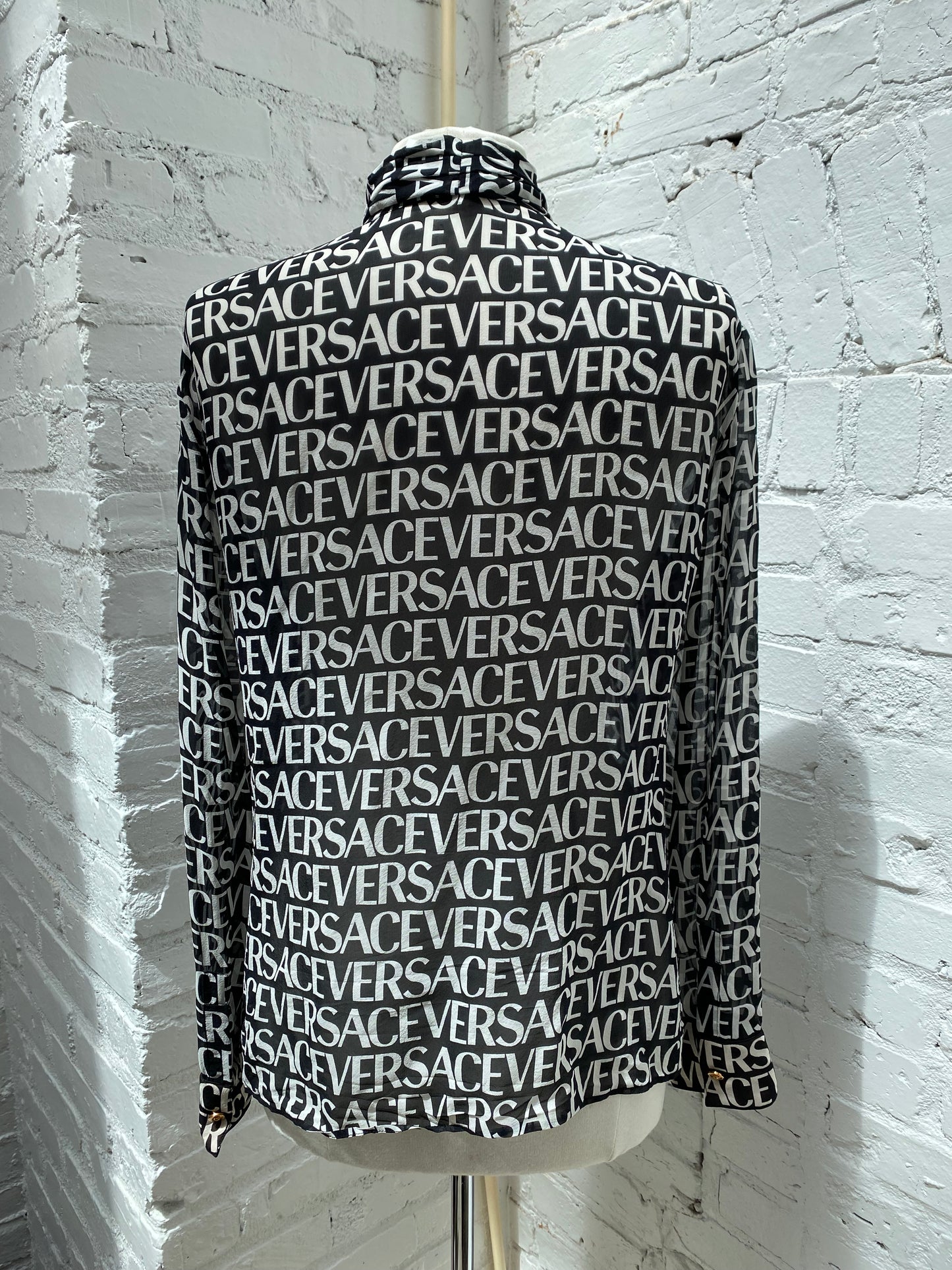 Versace Black & White Logo Sheer Long Sleeve Blouse, 46