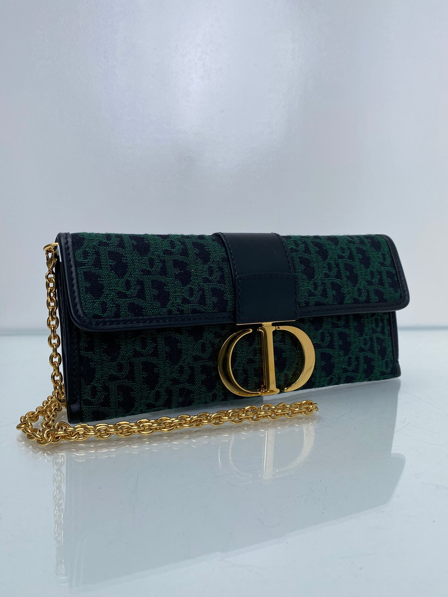 Dior 30 Montaigne Green Jacquard Logo Convertible Clutch with Chain GHW