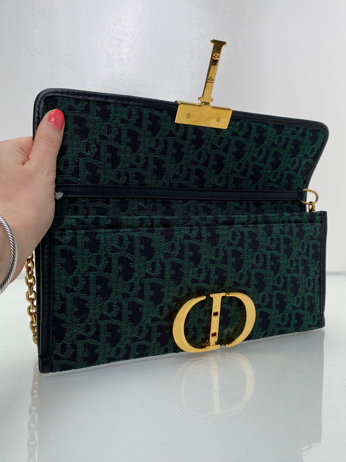 Dior 30 Montaigne Green Jacquard Logo Convertible Clutch with Chain GHW