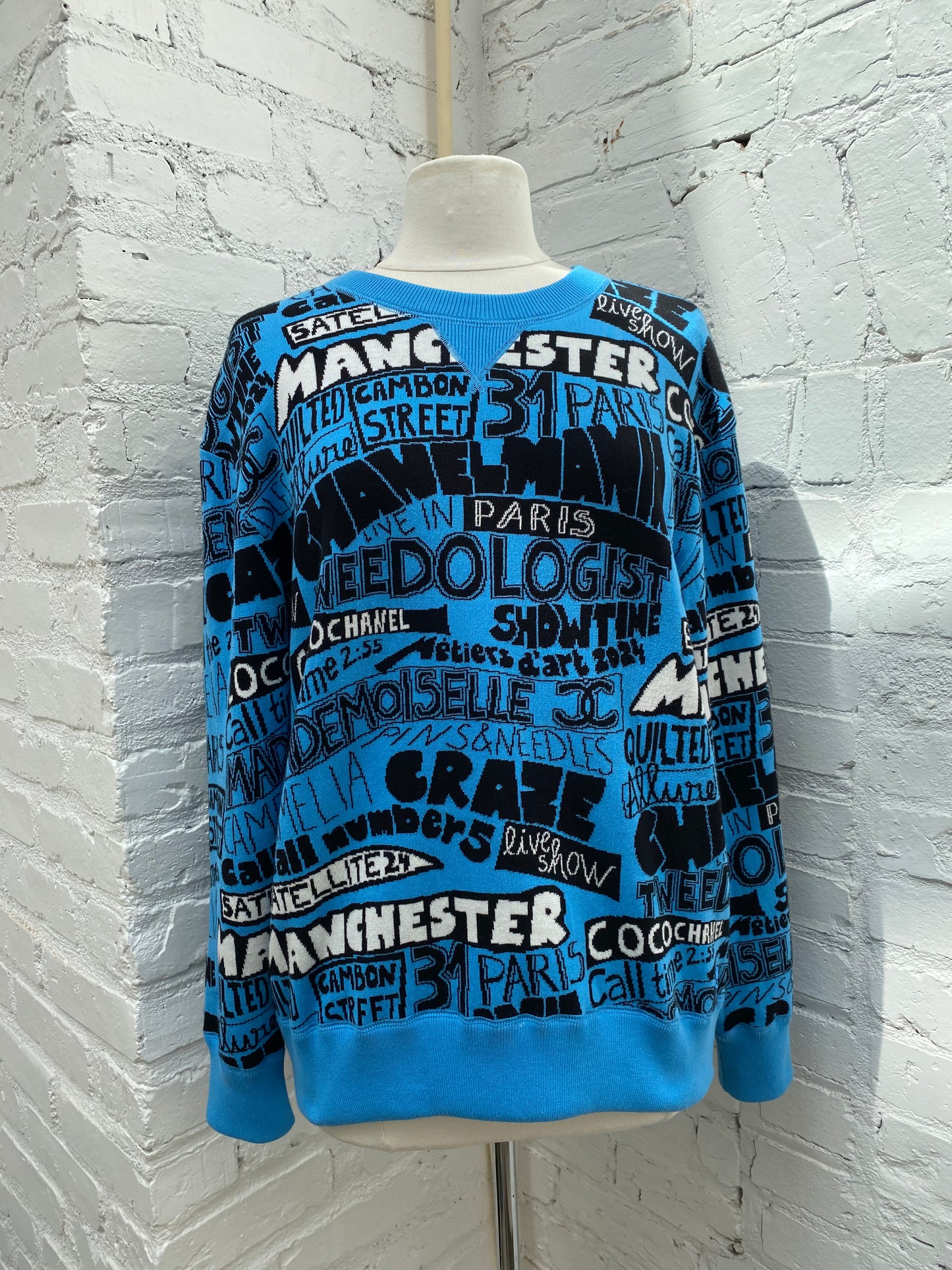 Chanel Blue Paris Manchester Coco Crewneck Sweater, 40