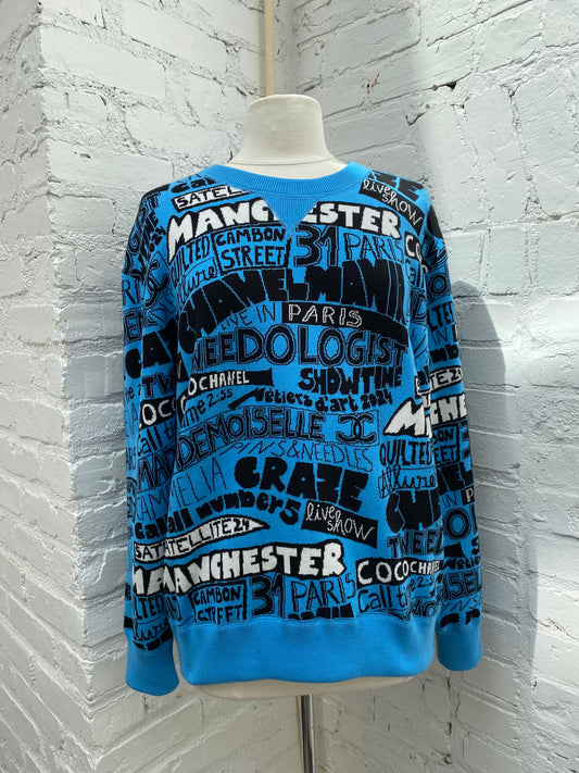 Chanel Blue Paris Manchester Coco Crewneck Sweater, 40