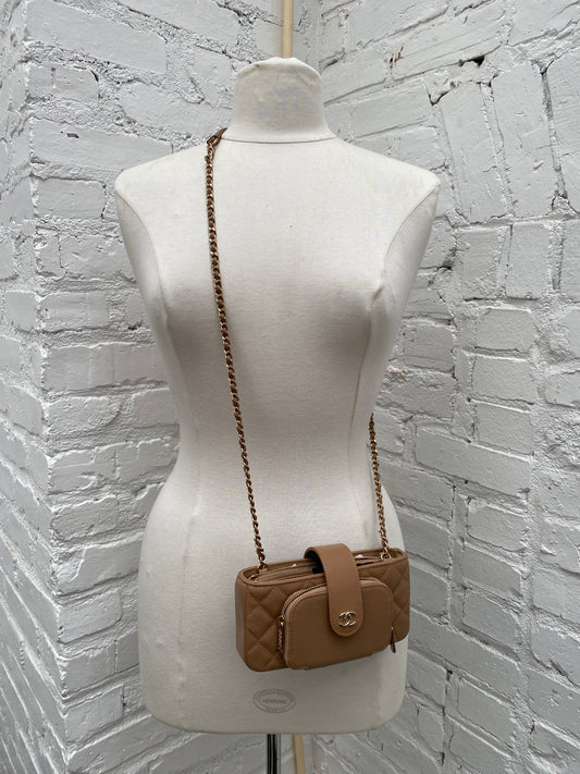 Chanel Quilted Beige O-Phone Holder Caviar LGHW