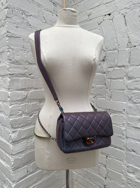 Chanel Iridescent Purple Goatskin Quilted Small Double Carry Waist Chain Flap Bag TTHW