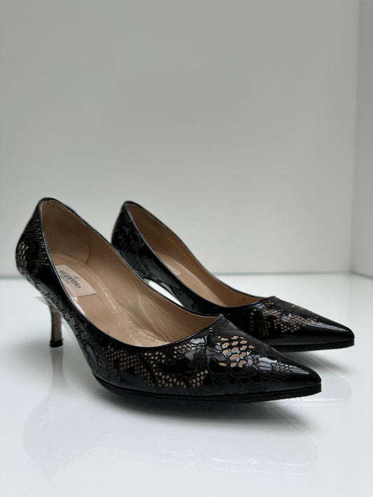 Valentino Black Patent Leather Lace Heels, 36.5