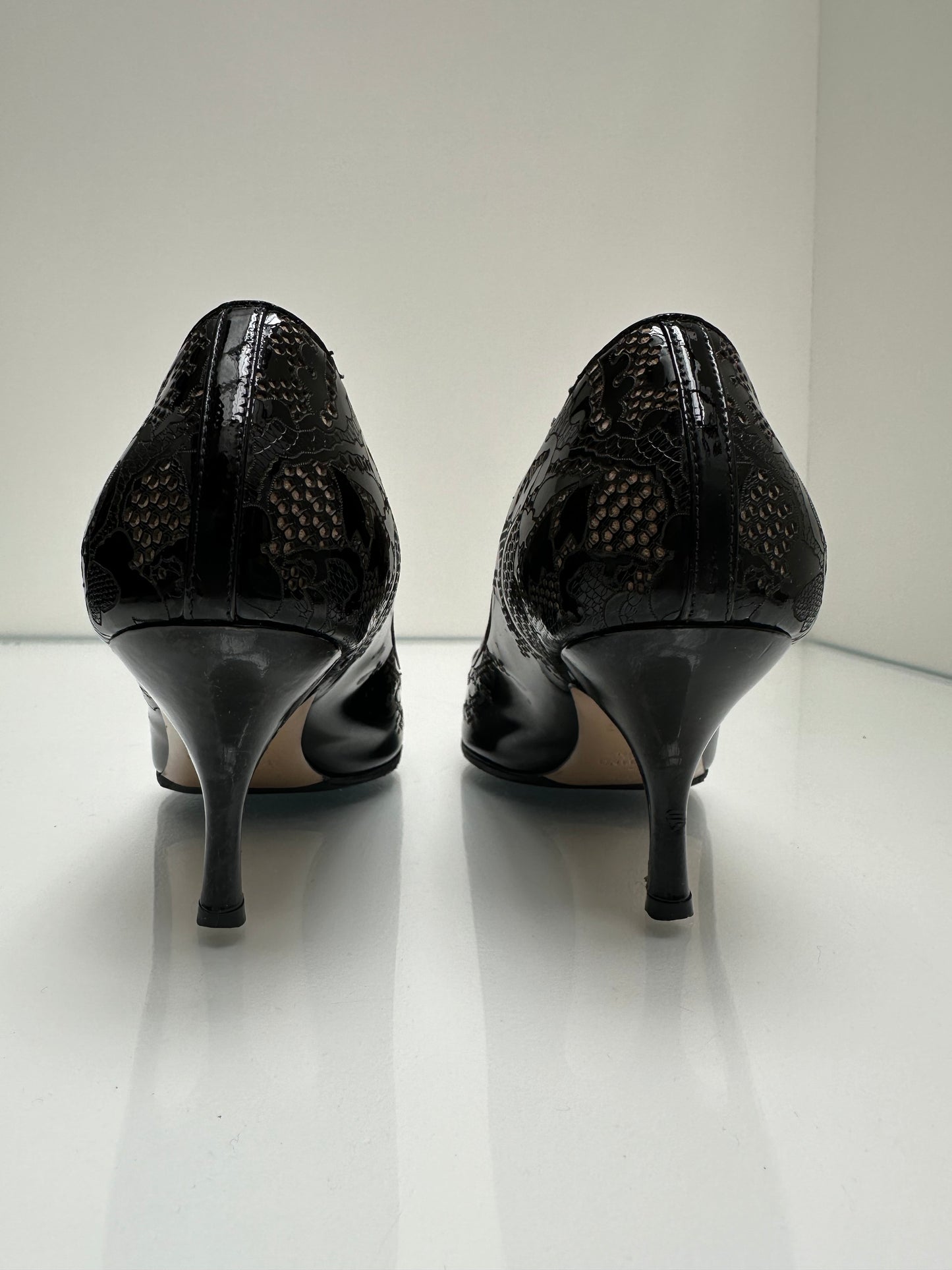 Valentino Black Patent Leather Lace Heels, 36.5