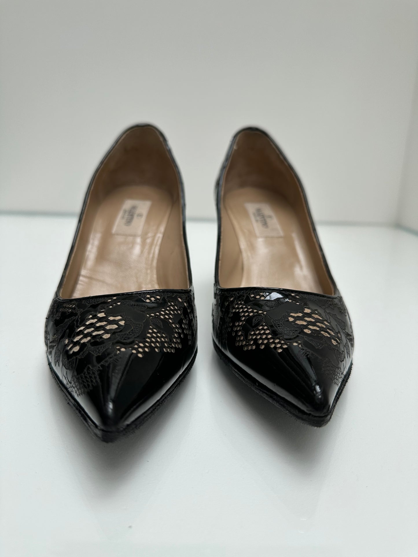 Valentino Black Patent Leather Lace Heels, 36.5
