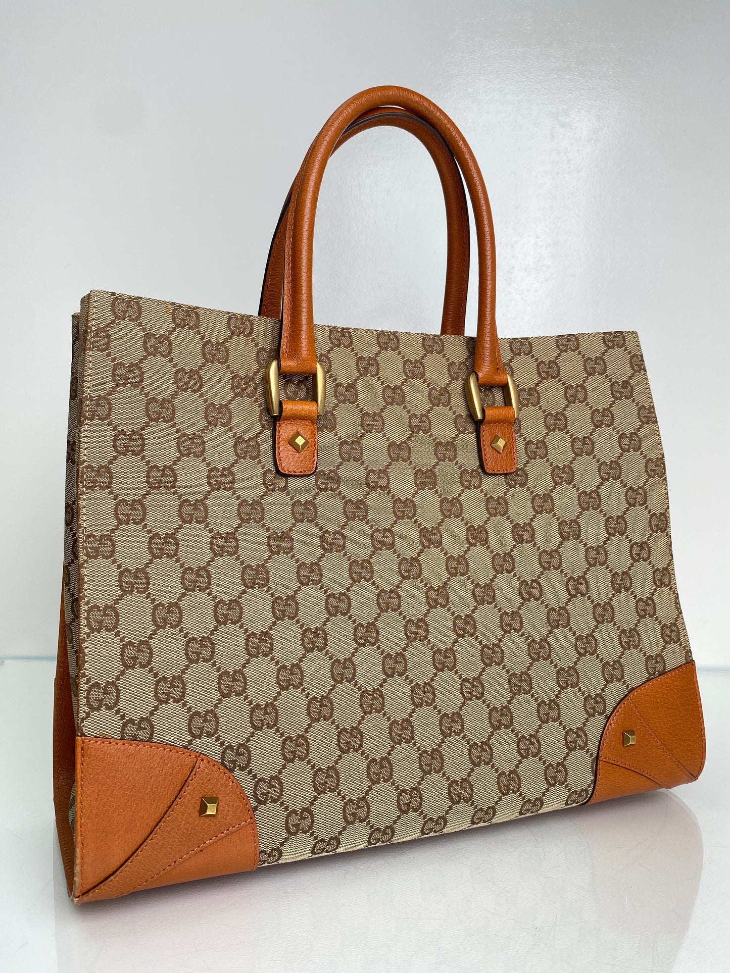 Gucci GG Supreme Cognac Leather Stud Accent Tote GHW