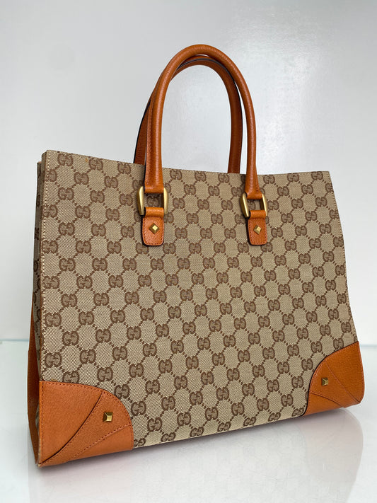 Gucci GG Supreme Cognac Leather Stud Accent Tote GHW