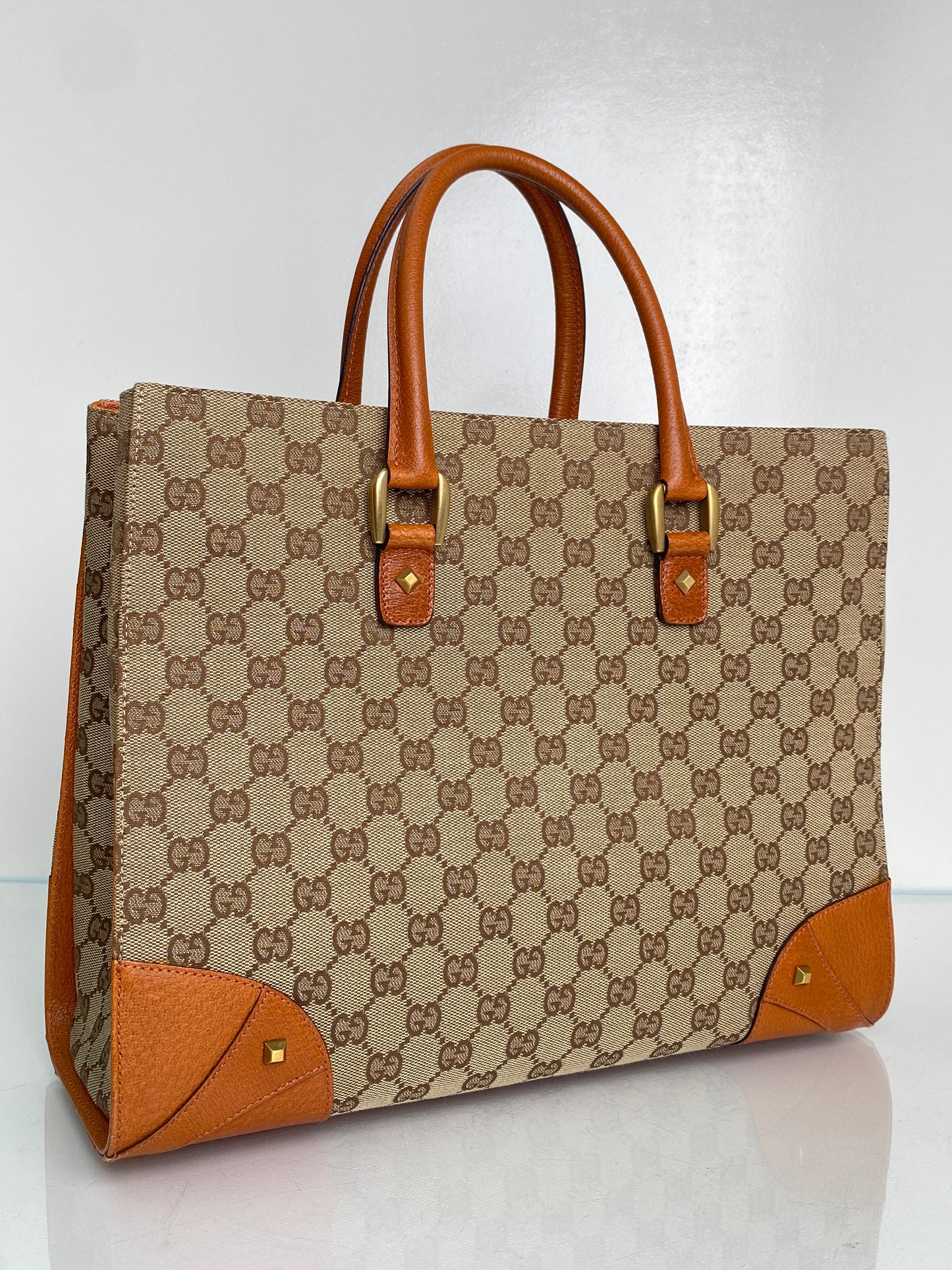 Gucci GG Supreme Cognac Leather Stud Accent Tote GHW