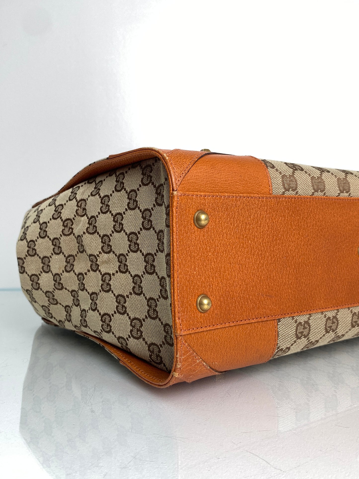 Gucci GG Supreme Cognac Leather Stud Accent Tote GHW
